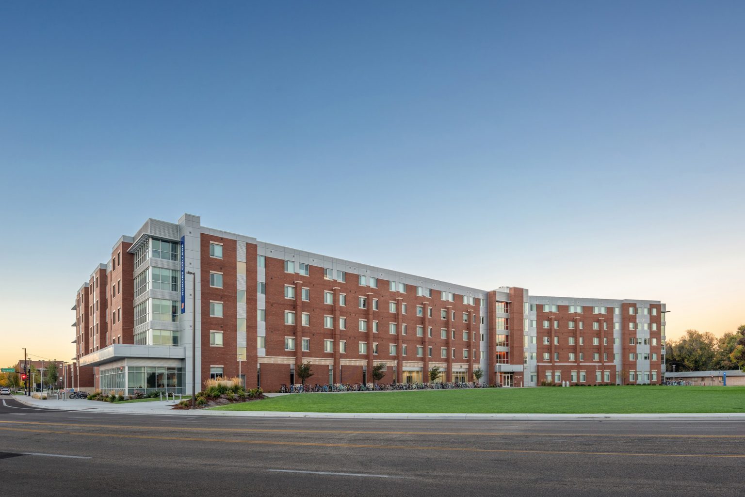 Boise State University residence hall at dusk